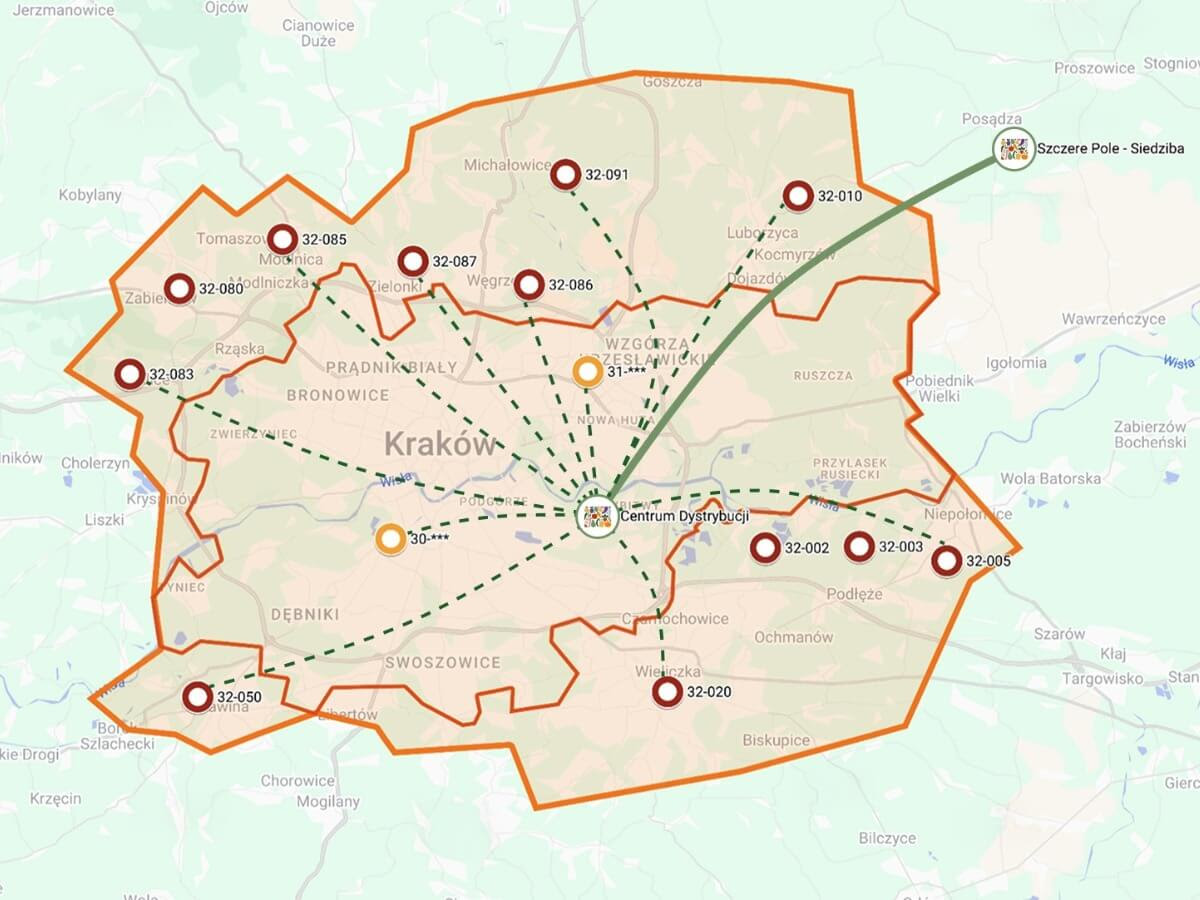 Mapa ze strefą dostaw Szczere Pole - Kraków i okolice